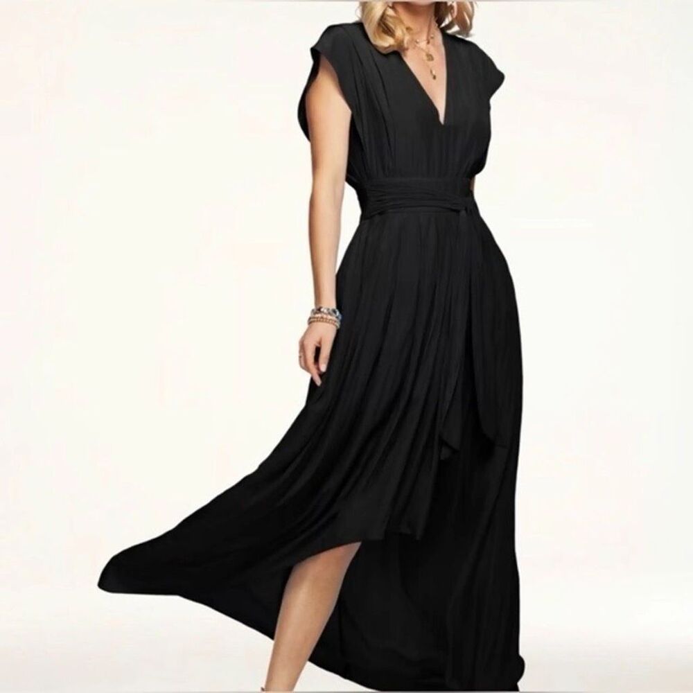 Ramy Brook Rebecca Maxi Dress Flowy V Neck High Low Black New Size 0